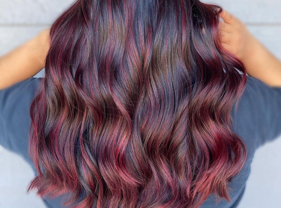 Maroon red balayage for black hair